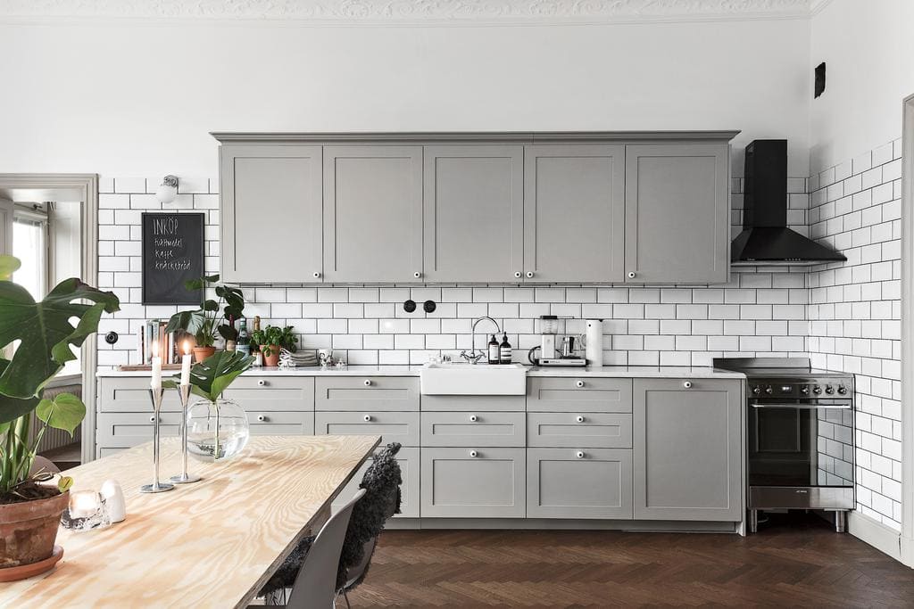 Grey Kitchen And Dark Herringbone Floors Coco Lapine Designcoco
