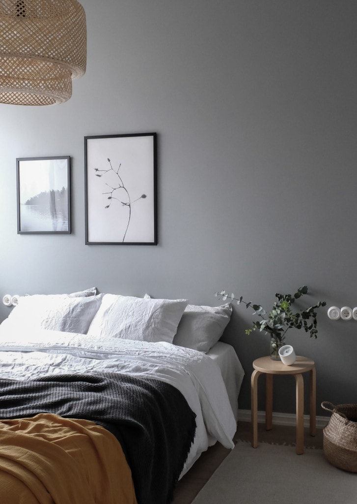 A dark grey bedroom with white bedding
