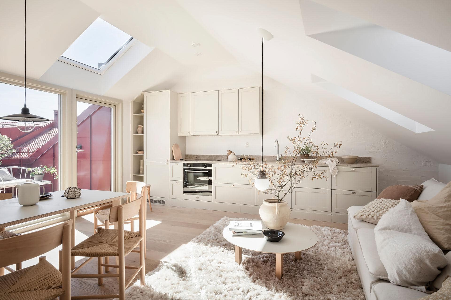modern beige kitchen interior with kitchen accessories, loft style