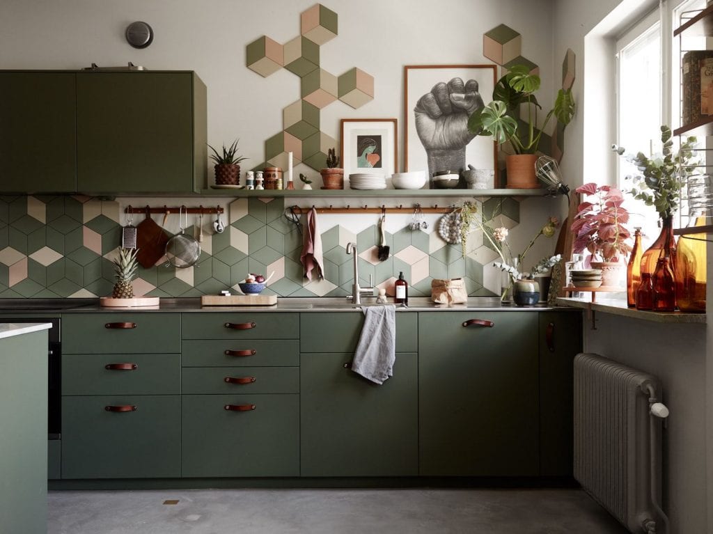 Sage green kitchen cabinets in a green color palette apartment - COCO  LAPINE DESIGNCOCO LAPINE DESIGN