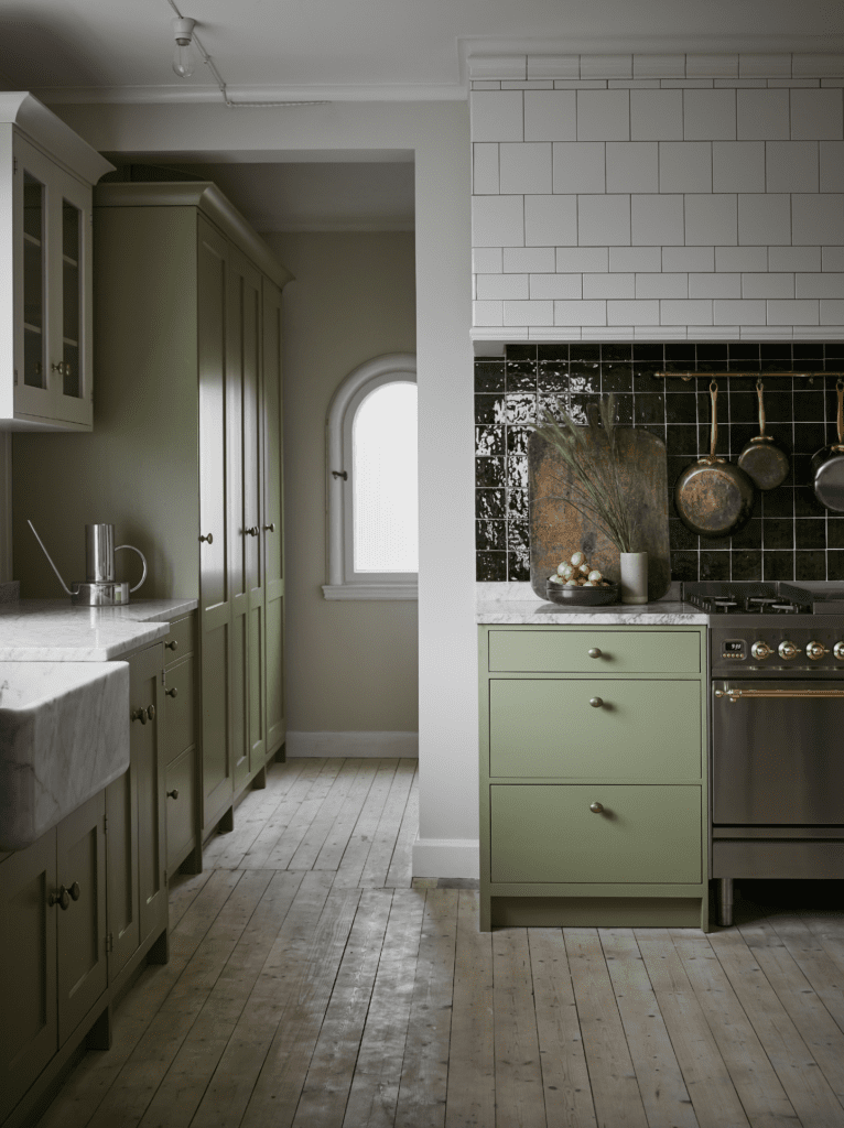 A classic green kitchen with a white marble sink and glossy green tiles