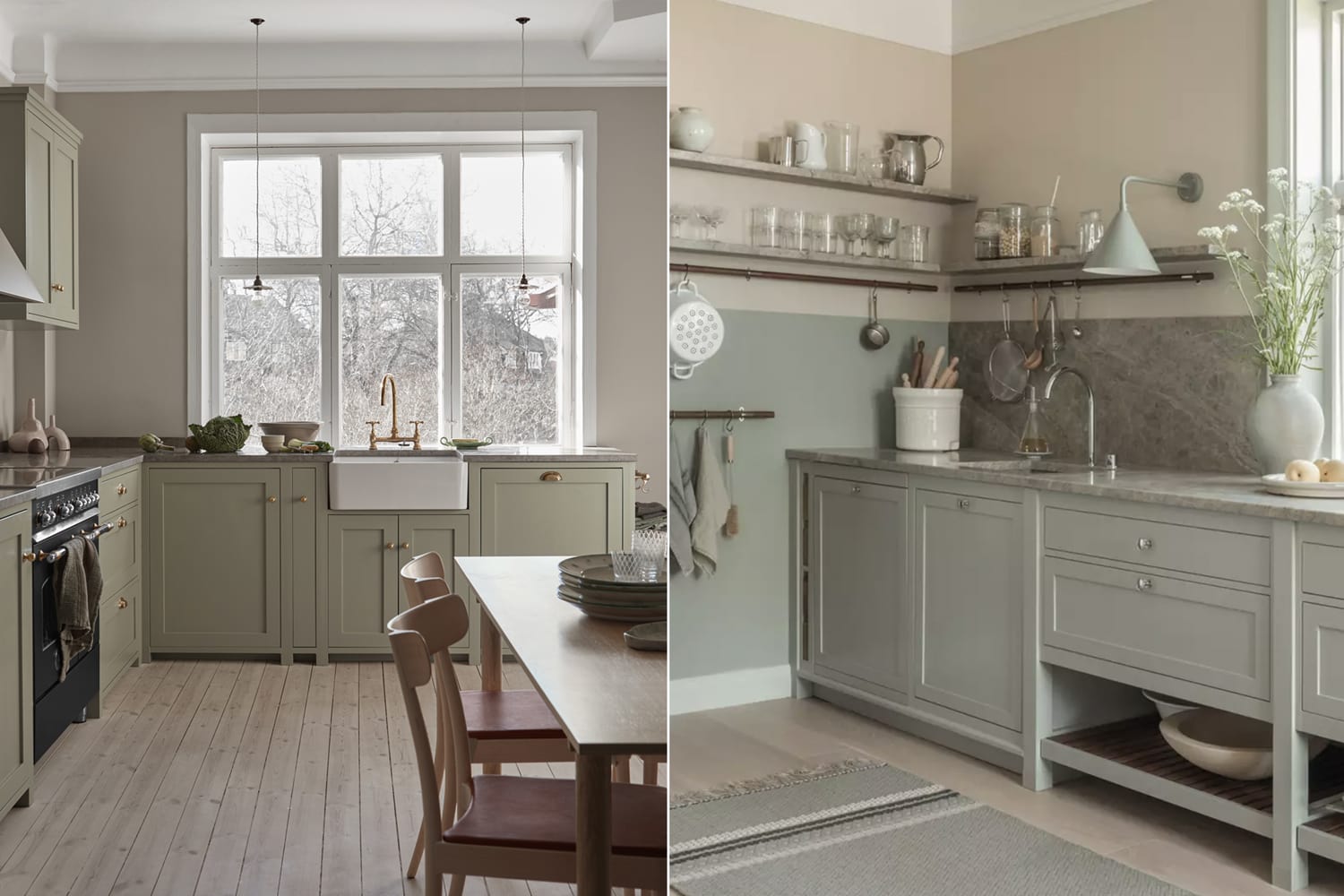 sage green kitchen wall with grey cabinet