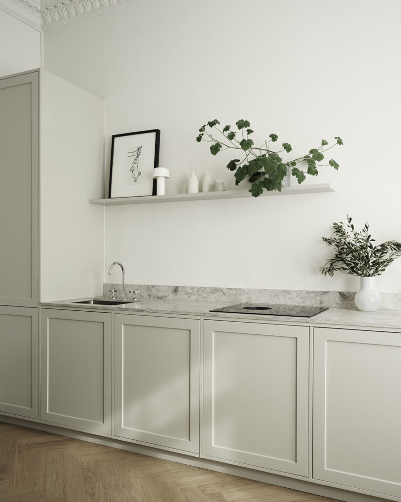 Off-white shaker cabinets, no hardware, floating shelf, white marble countertops, herringbone wood floor, chrome faucet